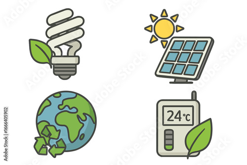 Ecology icon set. Green energy, recycling, and conservation concepts. Vector illustrations of solar panel, earth, eco lightbulb, and smart thermostat for sustainable living.