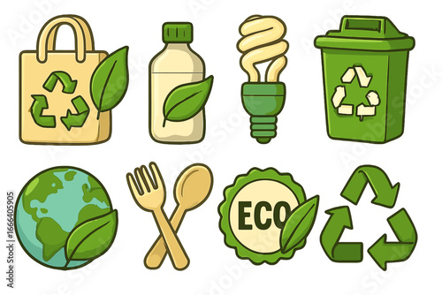 Eco friendly icon set for sustainability and recycling. Zero waste lifestyle concepts like reusable bag, planet Earth, green energy, and eco label. Vector cartoon illustration.