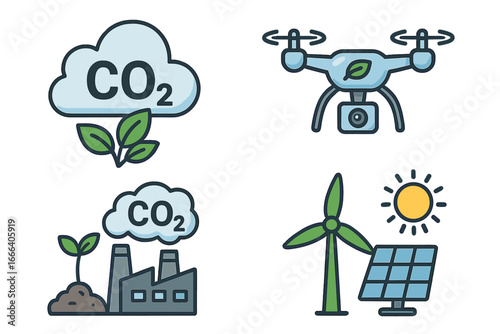 Eco icons collection for green energy and sustainability. Carbon dioxide capture, CO2 emission from factory. Renewable power from solar panel and wind turbine. Eco drone tech.