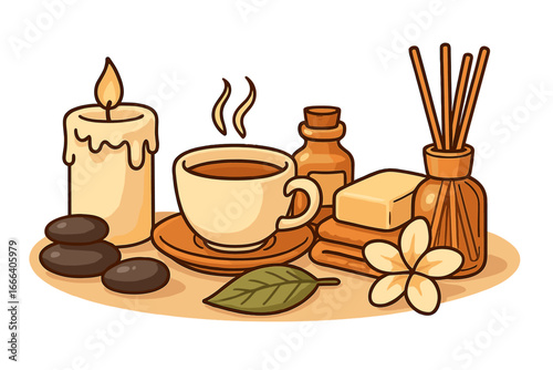 Spa relaxation items vector cartoon illustration. Self care, wellness, and beauty concept. Aromatherapy set with candle, hot tea, massage oil, stones, soap, and diffuser.