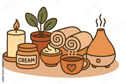 Spa relaxation and self-care items set. Cozy hygge lifestyle with candle, aroma diffuser, cream, towels and hot tea. Wellness and body care vector cartoon illustration.