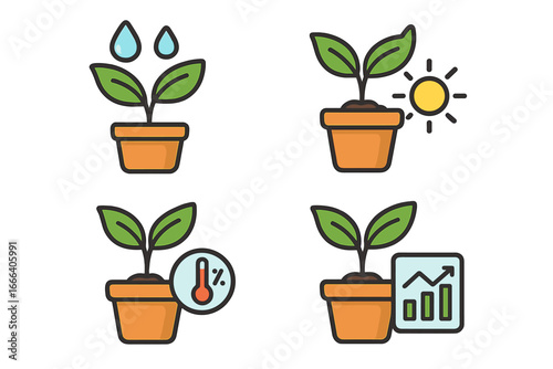 Plant care icon set. Smart farming and gardening concept. Vector icons for water, light, temperature, humidity, and growth data. Agriculture technology infographic elements.