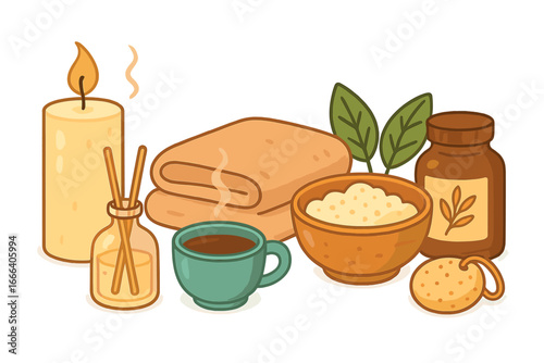 Spa relaxation and self care items set. Vector cartoon illustration of aromatherapy candle, oil, towel, tea, bath salt and sponge. Cozy wellness and body care concept.