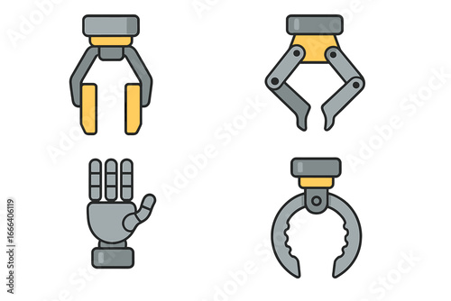 Robotic gripper and claw set for industrial automation. Robot arm manipulator, mechanical hand, and clamp icons. Vector illustration for manufacturing and technology concepts.