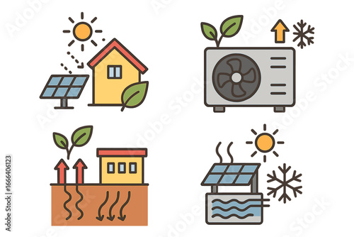 Renewable energy icon set. Green tech heating, cooling systems. Vector solar panel, geothermal heat pump, eco air conditioner. Sustainable home energy illustration.