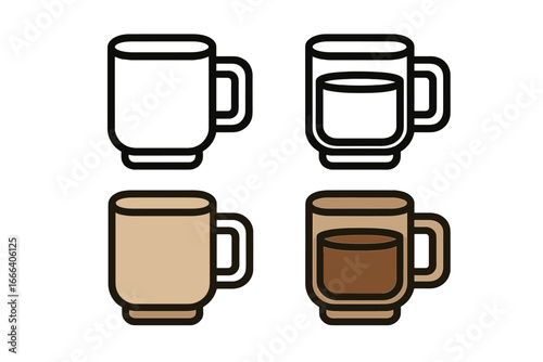 Coffee cup and mug icon set with outline and filled styles. Modern minimalist vector illustration for cafe menu, logo, or web design. Simple flat beverage and drink symbols.