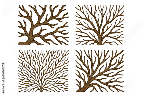 Set of four abstract tree branch patterns. Organic root network illustration. Stylized natural growth concept for design. Vector collection of intricate brown wooden textures.