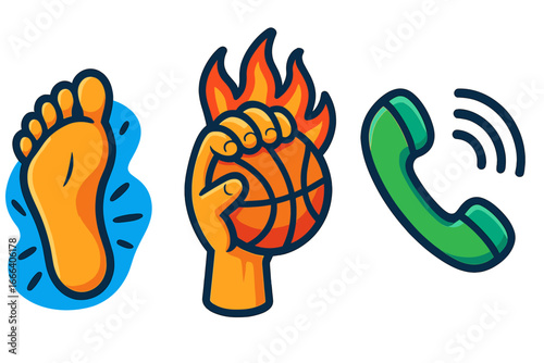 Collection of vibrant cartoon icons. Human foot sole, podiatry care symbol. Hand gripping a basketball on fire, metaphor for sports passion. Ringing retro telephone handset.
