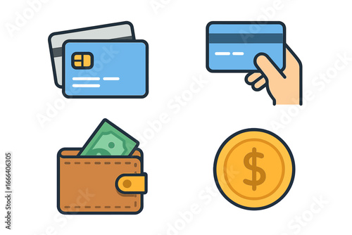 Payment methods vector icon set. Finance, money transaction. Hand holding credit card, wallet with cash, dollar coin. Purchase, banking, e-commerce. Flat cartoon style.