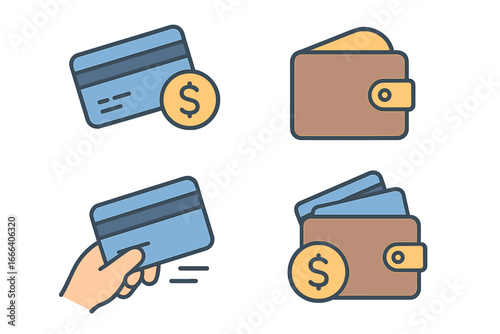Vector icon set of payment methods and transactions. Credit card, wallet, dollar coin, and hand swiping card. Finance, e-commerce, and banking concept cartoon illustration.