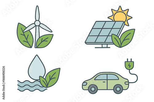 Renewable energy icon set with wind turbine, solar panel, hydro power, and electric car. Eco-friendly, sustainable technology concepts. Green power and clean environment vector.