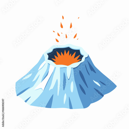 Illustration of an Active Volcano Erupting with Fiery Lava Flow and Ash against a Clear Blue Sky Background