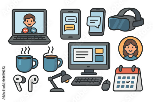 Remote work and home office icon set. Digital tools for freelance business. Online communication, video call, virtual reality, calendar. Modern lifestyle vector cartoon icons.