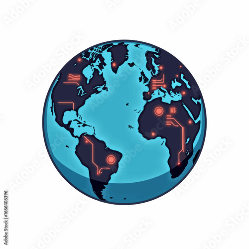 Futuristic Digital World Map with Stylized Circuit Elements and Glowing Nodes Representing Global Connectivity and Technological Networks