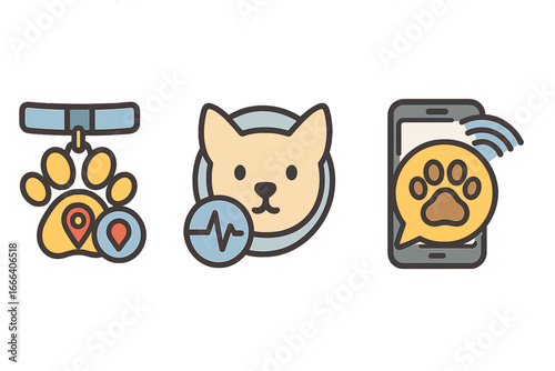 Pet technology icon set. Vector symbols for animal care concepts like GPS tracking, health monitoring, and mobile app connectivity. Dog and cat wellness gadget graphics.
