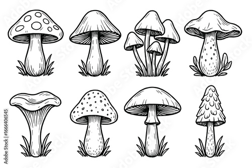 Mushroom illustrations set. Black and white fungi vector collection. Hand drawn outline sketch of forest toadstools. Cartoon doodle for coloring book. Natural organic icons.