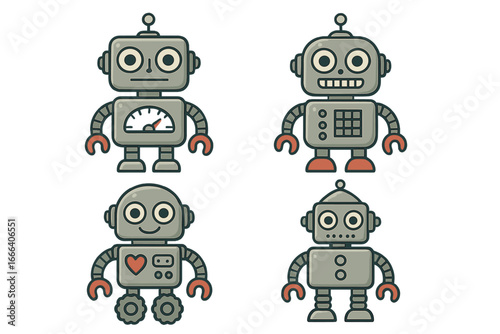 Robot character vector set. Cute cartoon retro robots. Vintage style cyborg collection. Android mascot for technology. AI concept. Friendly futuristic bot. Funny machine.
