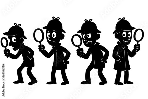 Detective character silhouette set. Man with magnifying glass investigating. Search, find, inspect concept. Cartoon spy agent in various poses and emotions. Vector icon.