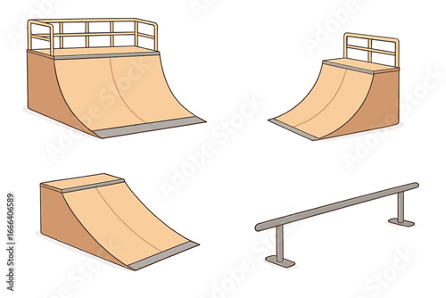 Skate park ramps and rails for urban skateboarding and extreme sports. Vector cartoon illustration set of quarter pipe, kicker ramp, and grind rail. Obstacle equipment.