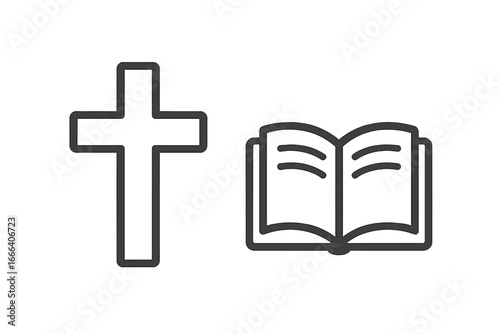 Christian cross and holy bible book line icon. Religious symbol of faith and spirituality. Gospel, scripture, worship, and prayer concept. Minimalist vector illustration.