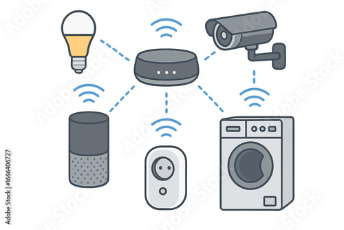 Smart home technology concept. Internet of Things (IoT). Wireless network of smart devices. Home automation system with hub, speaker, camera, light bulb, plug and appliance.