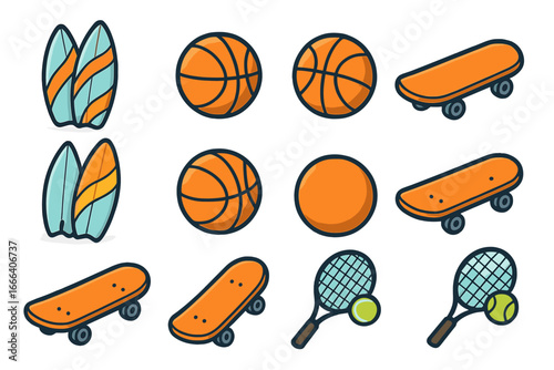 Sports equipment icon set featuring surfboards, basketballs, skateboards, and tennis rackets. Vector cartoon illustration collection for active lifestyle and recreation concepts.
