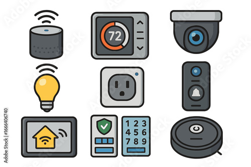 Smart home technology icon set. Collection of home automation system device icons. Vector illustration of modern wireless gadgets like security camera, thermostat and light.