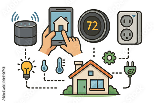 Smart home automation concept. Internet of Things (IoT) vector illustration. Connected house with phone control, thermostat, lighting. Energy efficiency and convenience tech.