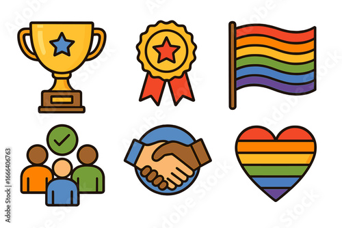 Icon set for diversity, inclusion, and equality. LGBTQ pride celebration with rainbow flag and heart. Teamwork, success, and achievement symbols like trophy and medal.