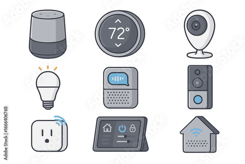 Smart home vector icon set. Internet of Things (IoT) technology collection. Home automation system with speaker, thermostat, security camera, lightbulb, plug & doorbell.