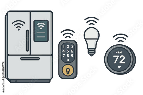 Smart home technology icons. Vector set with refrigerator, lock, light bulb, thermostat. Internet of Things (IoT) concept for automation, security, and remote control.
