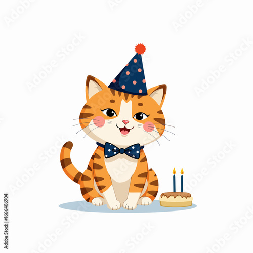 Adorable Cartoon Cat Wearing Party Hat and Bowtie Celebrating Birthday with Cake Featuring Two Glowing Candles