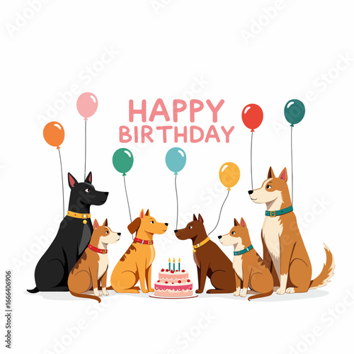 Adorable Dog Birthday Celebration Featuring Cute Canine Guests with Colorful Balloons and Cake