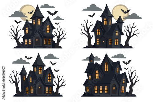 Haunted house set for Halloween. Spooky gothic mansion illustrations. Creepy horror castle with bats, moon, and scary trees. Dark night silhouette. Vector cartoon clip art.