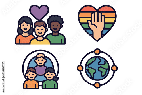 Icon set for community, diversity, and global connection. Vector concepts for teamwork, social network, and LGBTQ pride. Flat design for tolerance and acceptance projects.