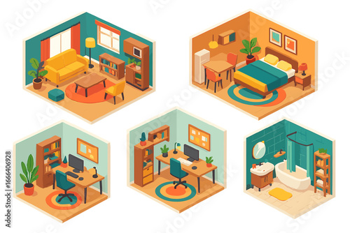 Modern isometric house interior set. Collection of cute cartoon apartment rooms with furniture. Living room, bedroom, bathroom, home office. Vector illustration for design.