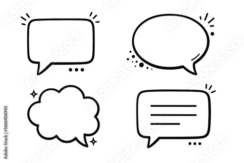 Hand drawn speech bubble set. Doodle cartoon comic style chat box collection. Dialogue balloon, thought cloud vector icons. Communication, message, quote, text box design.