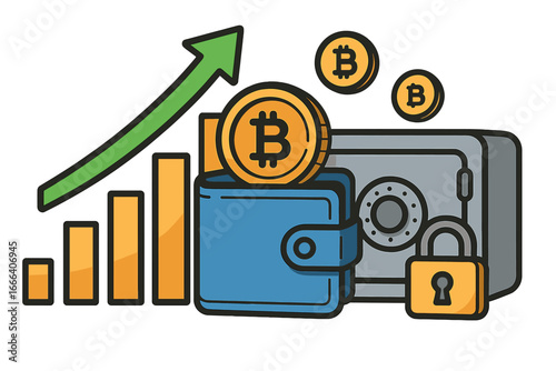 Cryptocurrency wallet and secure bitcoin storage concept. Financial growth chart with arrow up. Digital money, blockchain investment, and savings safety. Crypto economy profit.