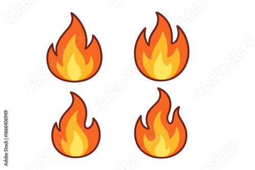 Flame icon set. Vector cartoon fire illustration. Simple bonfire or campfire symbol. Metaphor for heat, power, energy, warning or passion. Hot burning blaze design element.