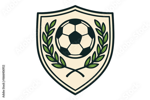 Soccer football sport shield with laurel wreath. Classic emblem for championship, tournament, or team competition. Victory and honor symbol. Retro league logo icon vector design.