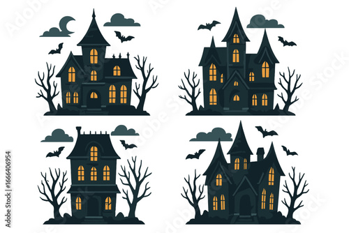 Set of haunted house illustrations. Spooky gothic horror mansion collection for Halloween. Creepy dark night scene with bats, moon, and trees. Vector cartoon silhouette design.