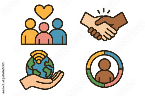 Set of icons for diversity, inclusion, and community. Symbols for equality, society, global connection, and teamwork. Vector illustration for social issues and culture.