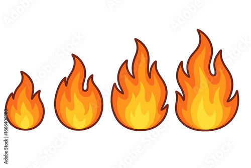Flame vector icon set. Cartoon fire illustration collection in different sizes. Hot blaze and bonfire symbols. Concept of energy, power, danger, and creative ideas. Isolated.