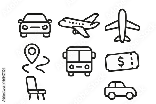 Transportation line icon set. Travel and vehicle symbols. Car, bus, airplane, map pin, route, and ticket icons. Vector for logistics, navigation, booking and tourism.