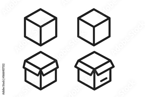 Set of isometric cube and box icons. Minimalist line art symbols for delivery, shipping, and packaging. Vector illustration for logistics, cargo, and e-commerce concepts.