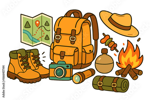 Camping and hiking equipment set for outdoor adventure. Travel essentials collection with backpack, map, campfire, and boots. Summer vacation concept vector cartoon illustration.
