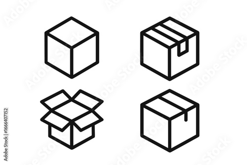 Box and cube icon set. Line art symbols for delivery, shipping, and packaging. Minimalist isometric vector illustration. Open and closed cardboard container graphic elements.