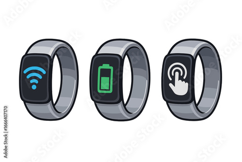 Set of smart rings with modern technology icons. Wearable device concept with symbols for connectivity, battery life, and user interaction. Vector cartoon illustration.