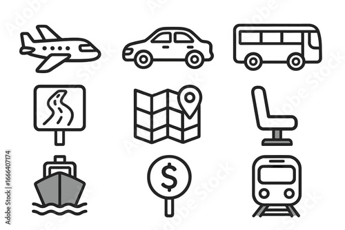 Vector transportation icon collection for travel concepts. Features airplane, car, bus, train, ship, road sign, map with pin, seat, and price symbol. Simple line art design.