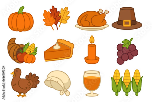 Thanksgiving icon set. Vector cartoon symbols for fall harvest celebration. Includes turkey, pumpkin, pie, pilgrim hat, cornucopia, leaves, corn. Isolated graphic elements.